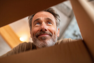 Man smiles while looking inside a cardboard box during a home organization activity in the evening light