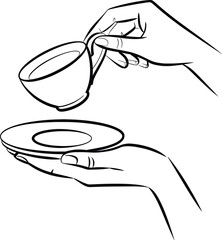 Elegant Hand Holding Teacup and Saucer Line Art Illustration.