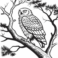 Naklejka premium Vector illustration black and white line art drawing of a detailed owl perched on a thick, gnarled tree branch surrounded by pine needles
