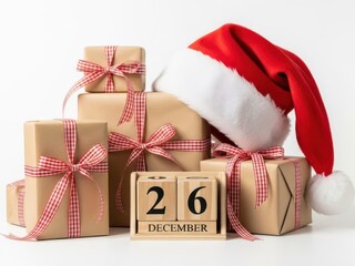 Christmas gifts, santa hat, and boxing day calendar