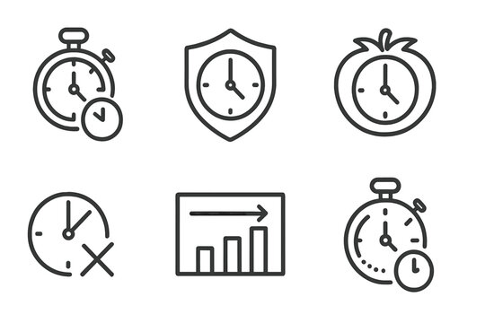 Time Management Icons. Line style icons of time-boxing techniques: sprint timer icon, time box badge, Pomodoro clock, time