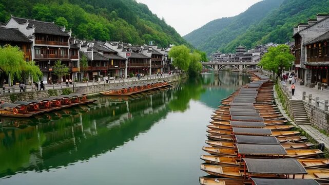 Fenghuang ancient town with wooden boats on tuojiang river in hunan, china