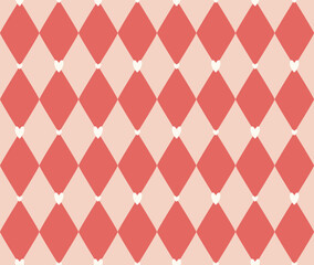 Romantic Red and Pink Diamond Harlequin Pattern with Hearts vector seamless background
