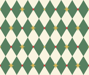 Festive Green and Cream Argyle with Golden Stars vector pattern