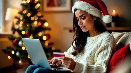 Woman in festive attire enjoys online shopping with credit card in hand, cozy living room ambiance, camera smoothly pans to capture joyful moment