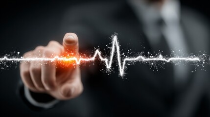 A human hand interacts with a shimmering digital waveform symbolizing energy data and future technology