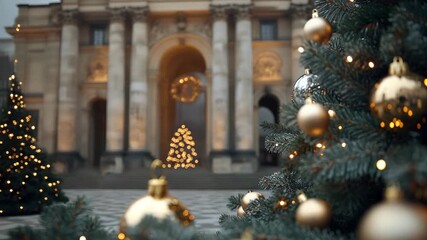 City square is filled with Christmas trees and ornaments as warm lights shine on the buildings, creating a festive atmosphere during winter