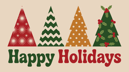 Festive Happy Holidays greeting card design with patterned Christmas trees, holly decorations, and colorful seasonal artwork for winter celebrations
