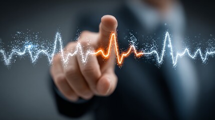 A human finger interacting with an abstract digital representation of dynamic data or vital signs