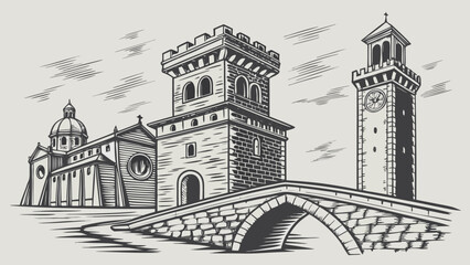 Obraz premium Vector illustration engraving style illustration of an ancient european town square featuring a stone bridge, a fortress tower, and a church