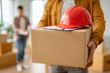 Construction worker delivers box with clipboard and hard hat in busy workspace