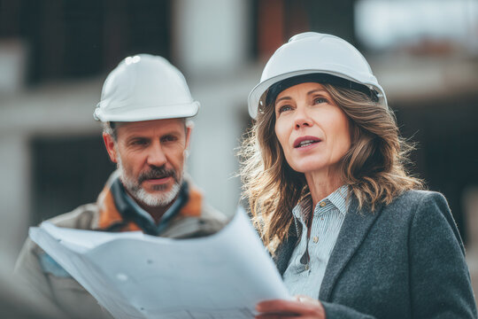 Construction workers discuss project plans in a building site during the day while wearing hard hats