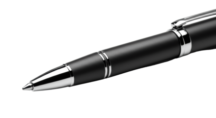 A luxurious executive ballpoint pen with a matte black body and chrome details lying isolated on a transparent background. Concept of corporate elegance and luxury