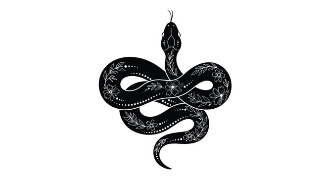 Intricately designed black snake with delicate white floral patterns and dots, creating a mystical and bohemian tattoo-style illustration.