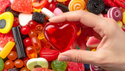 Macro shot of a vibrant, diverse pile of pick-n-mix candy, including gummies, licorice, and pastel-colored drops. A fair-skinned hand is seen plucking a shiny, red, heart-shaped gummy from the heap.