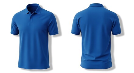 Blank blue polo shirt, front and back views, perfect for design mockups and branding, isolated on white background