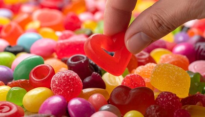Macro shot of a vibrant, diverse pile of pick-n-mix candy, including gummies, licorice, and pastel-colored drops. A fair-skinned hand is seen plucking a shiny, red, heart-shaped gummy from the heap.