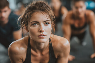 Woman focused on workout while others engage in exercise in fitness studio during indoor gym session