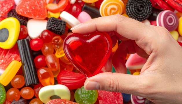 Macro shot of a vibrant, diverse pile of pick-n-mix candy, including gummies, licorice, and pastel-colored drops. A fair-skinned hand is seen plucking a shiny, red, heart-shaped gummy from the heap.