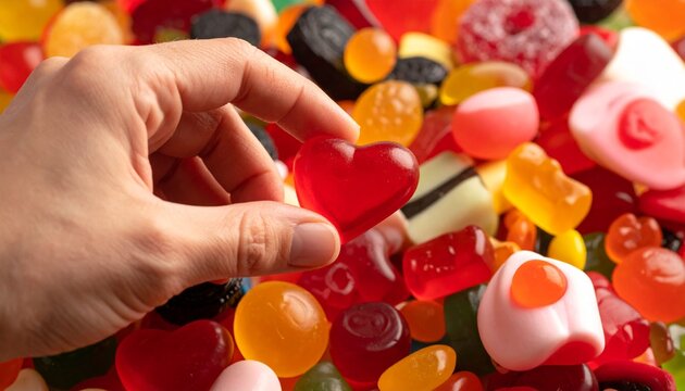 Macro shot of a vibrant, diverse pile of pick-n-mix candy, including gummies, licorice, and pastel-colored drops. A fair-skinned hand is seen plucking a shiny, red, heart-shaped gummy from the heap. - Powered by Adobe