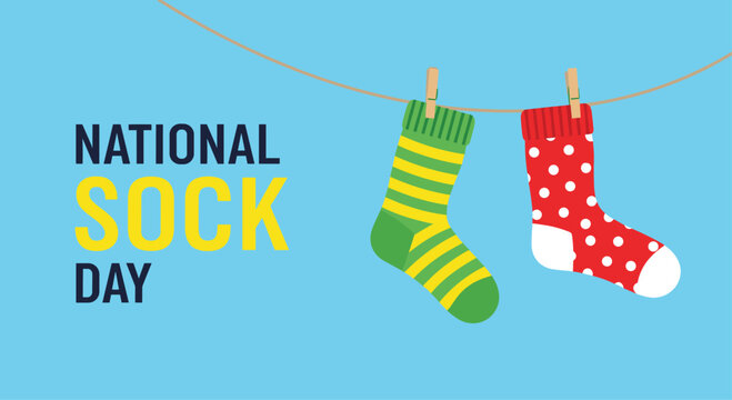 Fun and colorful illustration celebrating National Sock Day, with two patterned socks hanging on a clothesline against a bright blue sky. - Powered by Adobe