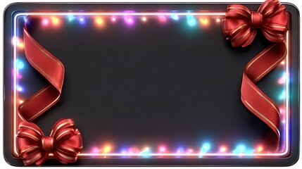 Festive black board with christmas lights and red ribbons isolated on white background