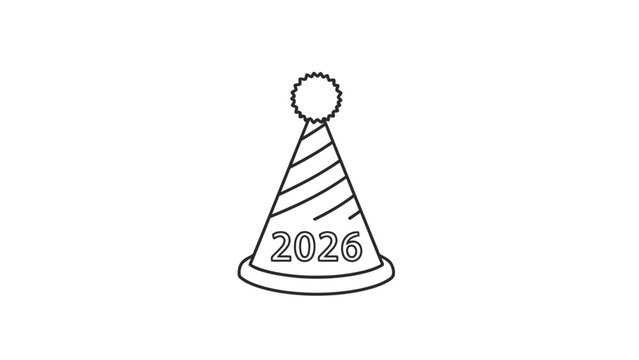 Minimalist line art party hat with 2026, new year celebration vector icon isolated on white background, Vector