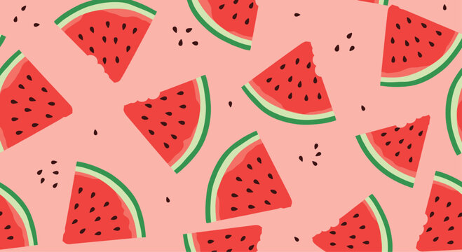 Playful seamless pattern with bright red watermelon slices and black seeds scattered across a solid pink background, perfect for summer.