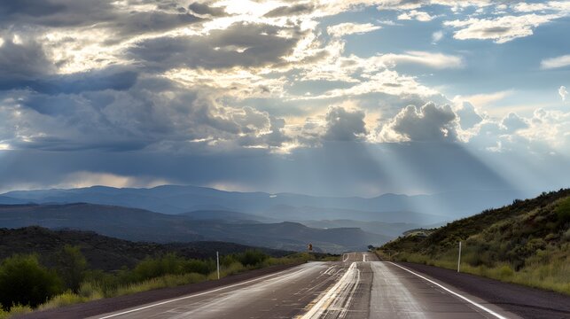 Scenic road journey under cloudy sky evokes inspiring travel lifestyle serene landscape imagery
