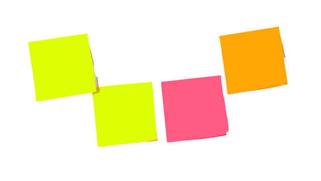 Vibrant blank sticky notes arrayed on a pure white background, offering a fresh canvas for your creative ideas, important reminders, or efficient daily task organization and brainstorming sessions