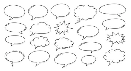 Fototapeta premium Collection of various hand-drawn speech bubbles and thought clouds in a sketchy comic book style, isolated on a white background.