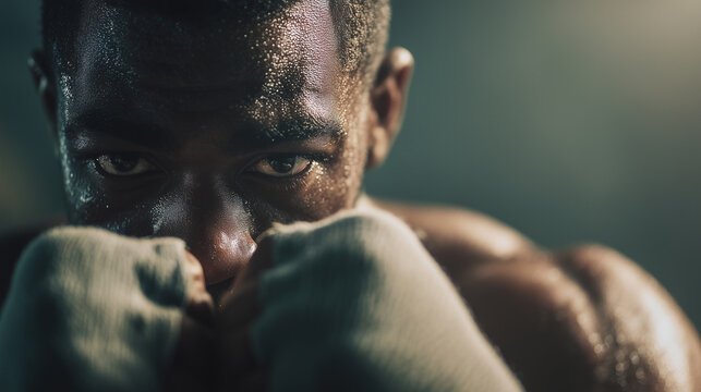Black male boxer in an urban gym, captured mid-training with sweat and cinematic lighting. Strong, authentic, inclusive fitness imagery with natural movement and gritty realism. Urban boxing gym, musc