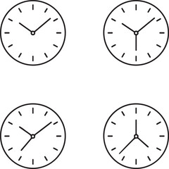 Isolated minimal analog clock icon, thin outline round clock silhouette, clean classic time icon, smooth ticks and hands, modern simple black vector design for buyers