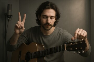Musician performing acoustic guitar solo studio space video content intimate setting front view creative vibes
