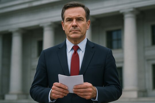 Press conference announcement by business leader government building event urban setting front view leadership discussion