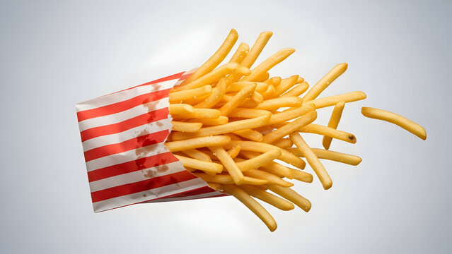 French fries exploding out, suspended in mid-air, minimal background