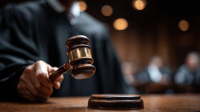 Judge strikes gavel to announce decision during court session in a courtroom setting with many people present