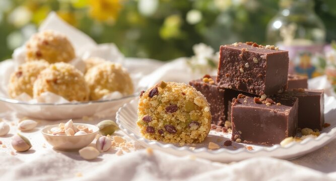 Indian sweets and chocolate fudge with pistachios