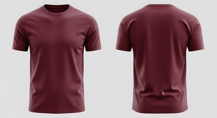 Front and back view of a plain maroon tshirt mockup, perfect for design presentations and apparel branding on a grey background