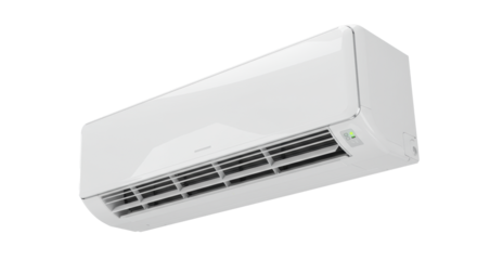 minimalist high-end split-system air conditioning unit in glossy white plastic with silver trim, dramatically lit from a low angle on a transparent studio background, concept for luxury hvac