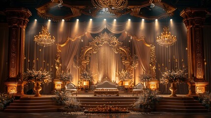 Fototapeta premium Glamorous wedding stage with royal gold theme high resolution picture