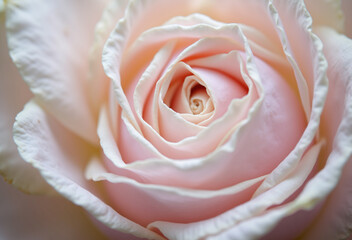 A macro shot captures the soft, spiraling pattern of pale pink petals folding into the center of a fully opened rose bloom.