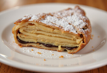 A delicious slice of multi-layered dessert, featuring thin pastry layers, a dark filling base, and a generous topping of powdered sugar, rests on a white plate.