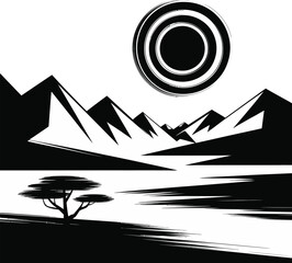 Stylized black and white savanna landscape with mountains and sun