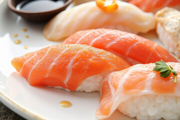 Fresh salmon and white fish nigiri sushi pieces are elegantly displayed on a white plate alongside a small dish of soy sauce and subtle garnishes.