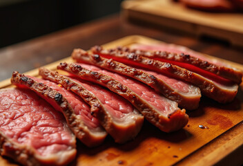 Several slices of expertly cooked, medium-rare steak with a caramelized crust are arranged diagonally on a warm, wooden cutting board.