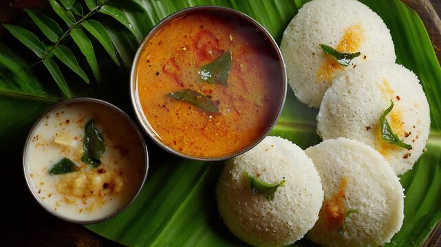 South indian idli served with sambar and coconut chutney on banana leaf