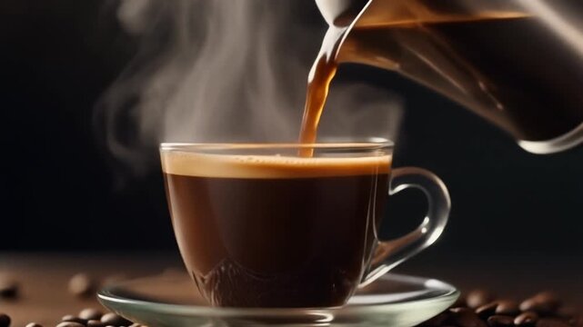 Close-up cinematic shot of hot coffee being poured into a clear glass cup