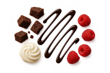 Brownie pieces, whipped cream, chocolate syrup pouring, and fresh raspberries scattering on transparent background