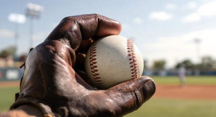 Baseball glove holding ball on green field ready for play